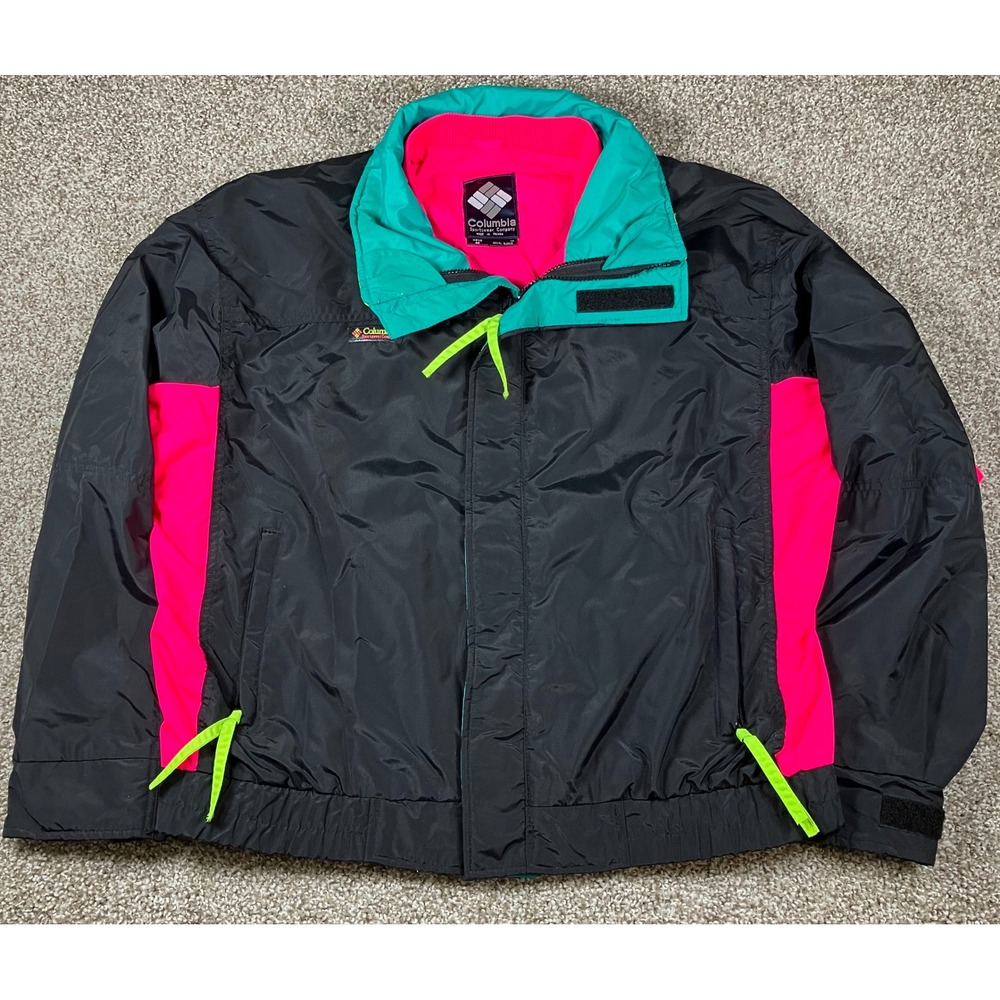 Vintage Columbia Bugaboo Jacket Mens Medium Black Neon Pink Teal 90s Skiing
